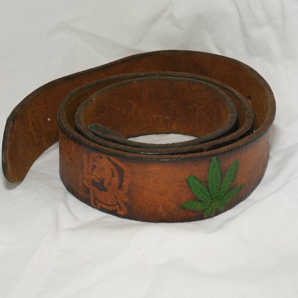 31-36” Waist Leather Hippie Belt Smoker Leaf Design Add Your Own Buckle
